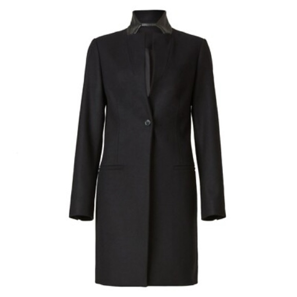 All Saints Wool Blend Black Leni Coat with Leather Collar, US 4